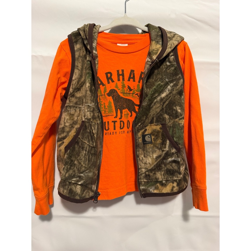 Carhartt Kids 2T Camo Fleece Hooded Vest & Orange Graphic Long Sleeve Shirt Set
